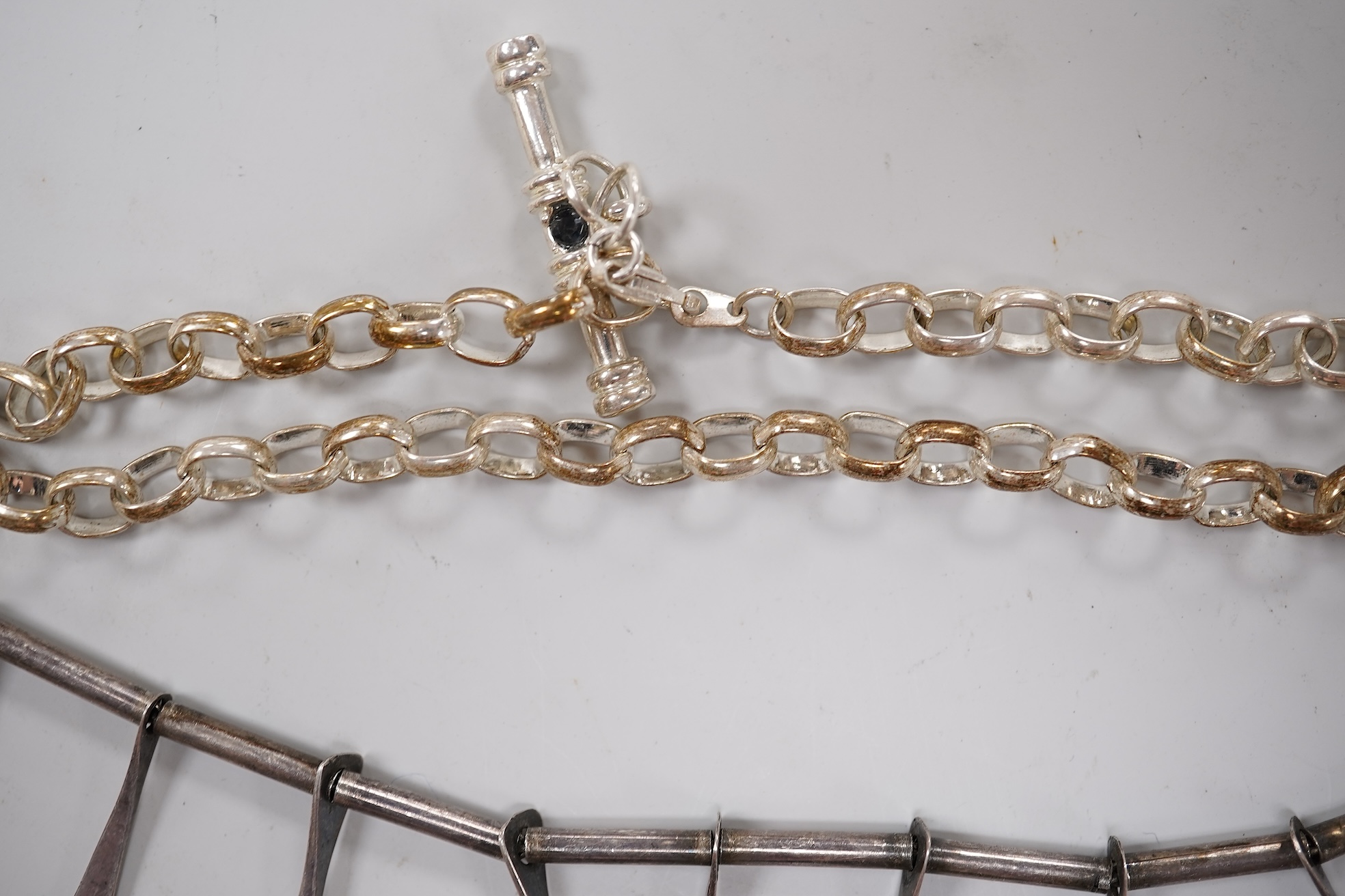 An early 20th century yellow metal, amethyst and seed pearl set pendant, 41mm, on a yellow metal chain, together with other assorted jewellery and other items including a late Victorian 9ct gold brooch, a coin bracelet,